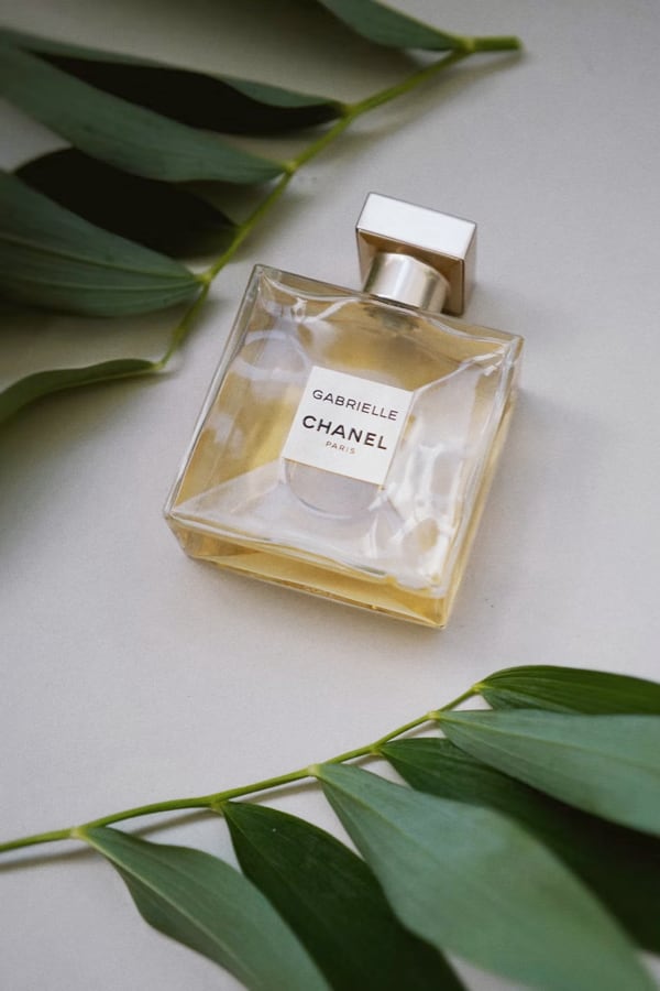 a bottle of Gabrielle Essence Eau de Parfum surrounded by leaves